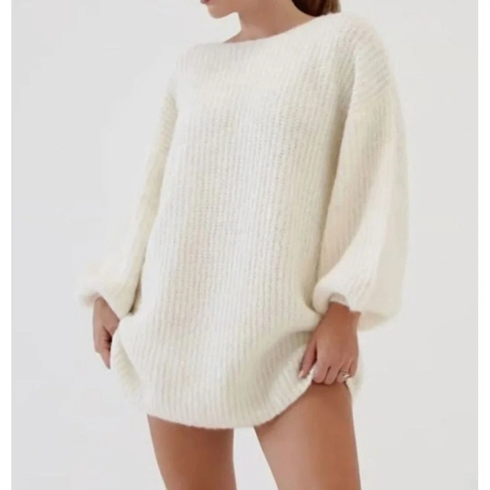 Rumored Revolve Oversized Knit L Sweater Dress Cream Balloon Sleeve Cozy - Picture 5 of 8